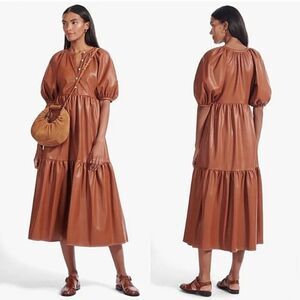 Staud whiskey tan brown faux leather Demi puff short sleeve tiered midi dress